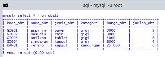 5 Menampilkan Data MySQL Selanjutnya isi table Obat yang telah dibuat tadi dengan sejumlah data, misalnya seperti terlihat pada tabel berikut : mysql> insert into