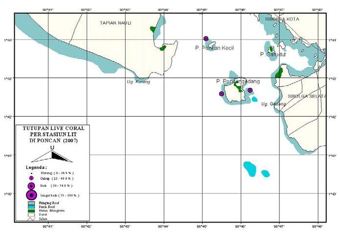 Gambar 8. Persentase tutupan karang hidup hasil monitoring di lokasi transek permanen, di perairan P. Poncan Kecil dan Poncan Besar, Kabupaten Tapanuli Tengah.
