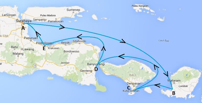 Perencanaan pola operasi menghasilkan rute pelayaran Self-Propelled Barge, yaitu untuk daerah pelayaran kawasan barat adalah dari Tanjung Perak (A) menuju ke Tanjung Emas selanjutnya menuju ke Gresik
