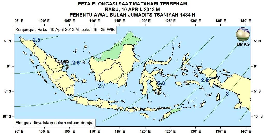 10,15 o. Gambar 3. Peta ketinggian Hilal tanggal 11 April 2013 untuk pengamat di Indonesia 4.