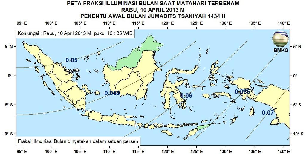 7. Peta Fraksi Illuminasi Bulan Pada Gambar 10 dan 11 ditampilkan peta Fraksi Illuminasi Bulan untuk pengamat di Indonesia pada tanggal 10 dan 11 April 2013.