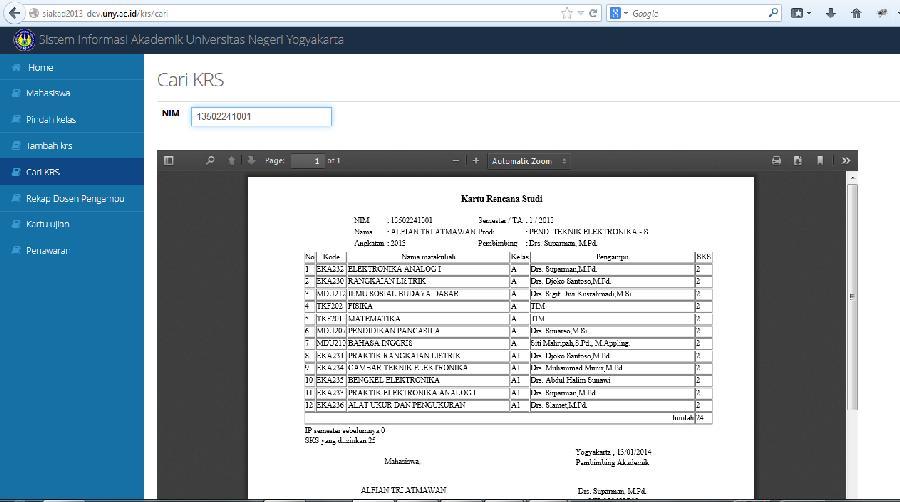 f. Menu Cari KRS Menu KRS digunakan untuk melakukan pencarian mahasiswa. Tampilan halaman menu KRS dapat dilihat pada Gambar 4.15.