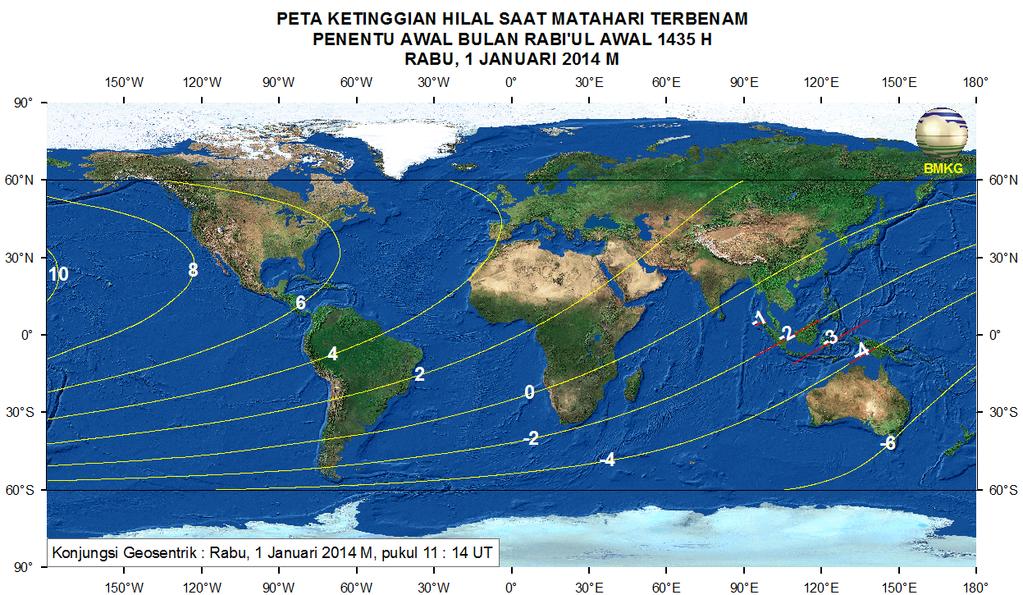 3. Peta Ketinggian Hilal Pada Gambar 1 ditampilkan peta ketinggian Hilal untuk pengamat di antara 60 o LU sampai dengan 60 o LS saat Matahari terbenam di masing-masing lokasi pengamat di permukaan