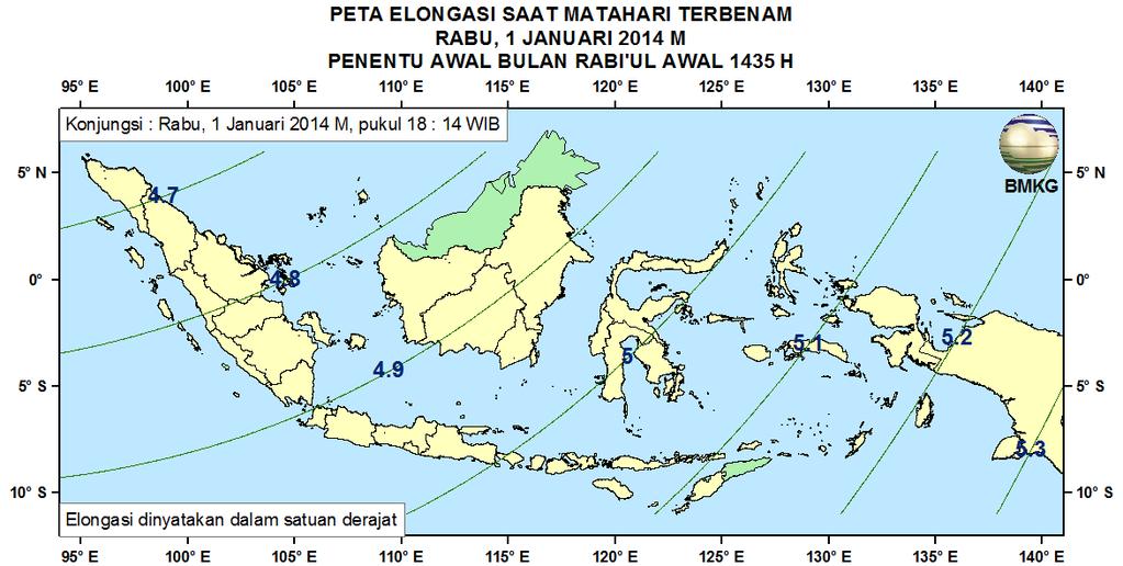 Peta Elongasi Pada Gambar 4 dan 5 ditampilkan peta elongasi untuk pengamat di Indonesia saat matahari terbenam tanggal 1 dan 2 Januari 2014.