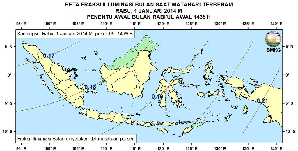 7. Peta Fraksi Illuminasi Bulan Pada Gambar 1 dan 11 ditampilkan peta Fraksi Illuminasi Bulan untuk pengamat di Indonesia pada tanggal 1 dan 2 Januari 2014.