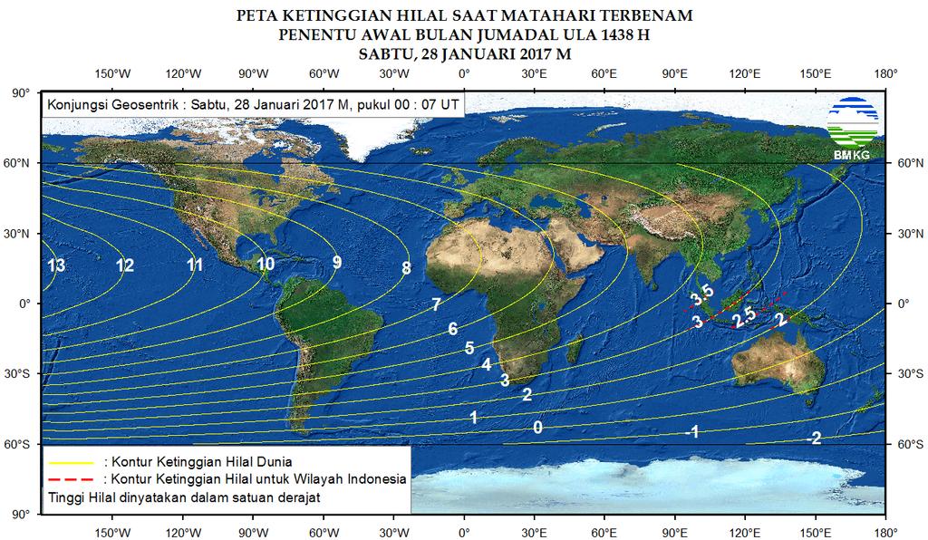 3. Peta Ketinggian Hilal Pada Gambar 1 ditampilkan peta ketinggian Hilal (pusat piringan Bulan) untuk pengamat di antara 60 o LU sampai dengan 60 o LS saat Matahari terbenam di masing-masing lokasi