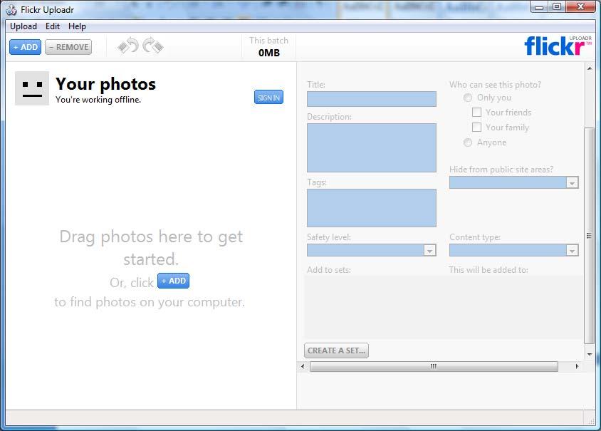 Pada Aplikasi Flickr Uploadr pilih Sign In untuk melakukan authorisasi.