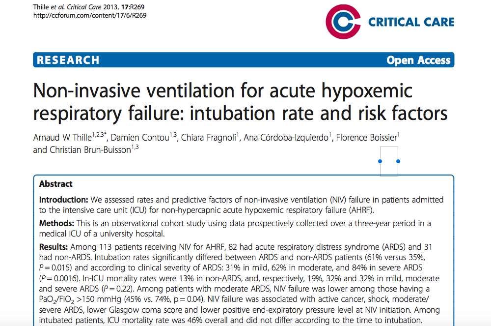 Result : Intubation rate NIV in ARDS : mild ARDS 31%; moderate 62%; severe 84% Among