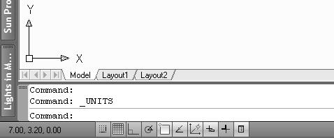 g. Hasil pengaturan dapat Anda amati pada bagian pojok kiri bawah interface AutoCAD seperti berikut. Koordinat penggambaran Gambar 1.