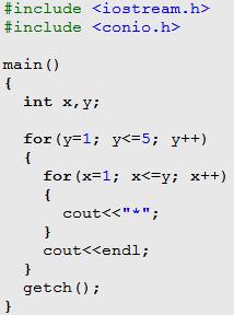 5. Perulangan Membentuk Segitiga Jalankan program diatas, maka akan menghasilkan sebagai berikut: Analisa hasil kode program diatas, mengapa bisa membentuk segitiga demikian! a. Apa kegunaan bagian perintah pada baris: for(x=y; x<=5; x++) b.