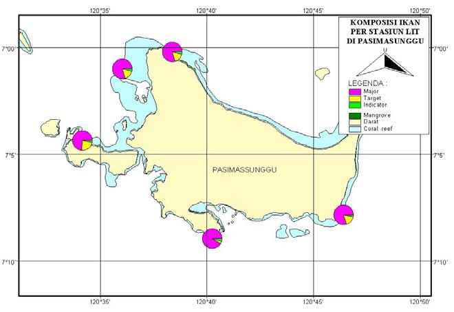 Gambar 10b. Perbandingan kelimpahan antara ikan major, ikan target dan ikan indikator pada masing-masing stasiun transek permanen di Pasimasunggu, dengan metode UVC. Tabel 7.