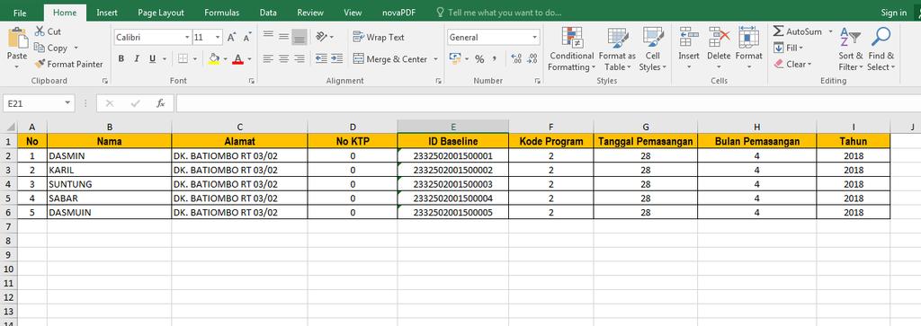 Contoh Format Excel [XLS] yang akan diupload, yang terdiri dari : No. Urut. Nama. Alamat. No. KTP. ID Baseline.