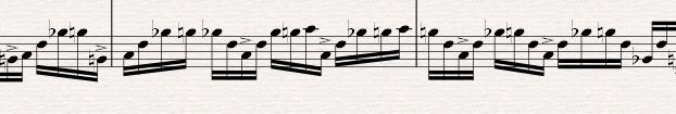 Birama 1-4 Notasi 6: Penerapan kombinasi teknik jathis 5 dan 7 kedalam melodi Melodi awal pada birama 1-4 yang diambil piano berisi intro dan merupakan tema utama pada karya yang terdapat dalam