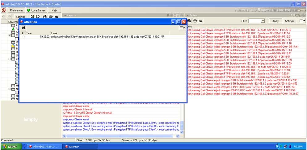 4.3 Respon Log Berikut merupakan respon sistem terhadap adanya serangan berupa log yang ditampilkan secara terpusat pada syslog server the