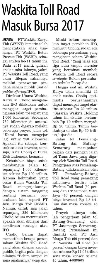 Judul Waskita toll Road Mauk Bursa 2017 Tanggal Media Koran Tempo (Halaman, 14) Pt Waskita