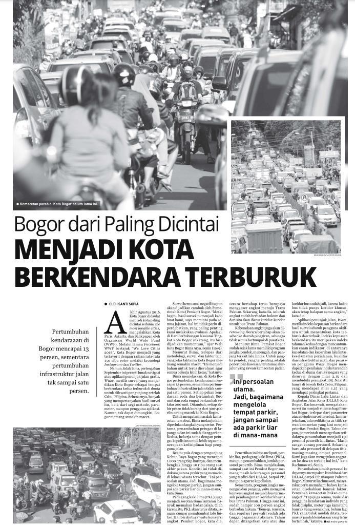 Judul Bogor dari Paling dicintai menjadi kota berkendara terburuk Tanggal Media Republika (Halaman, 27)