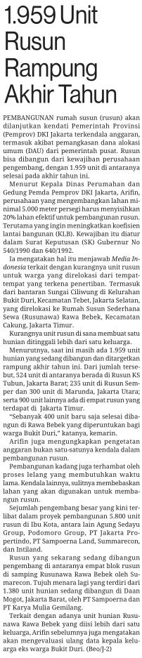 Judul 1959 Unit Rusun Rampung Akhir Tahun Tanggal Media Media Indonesia (Halaman, 21) Pembangunan rumah susun akan