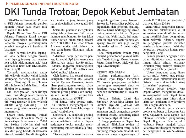 Judul DKI Tunda Trotoar, Depok kebut jembatan Tanggal Media Bisnis Indonesia (Halaman, 8)
