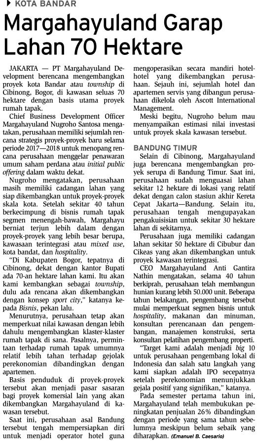 Judul Margahayuland garap Lahan 70 Hektare Tanggal Media Bisnis Indonesia (Halaman, 27) PT Margahayuland development