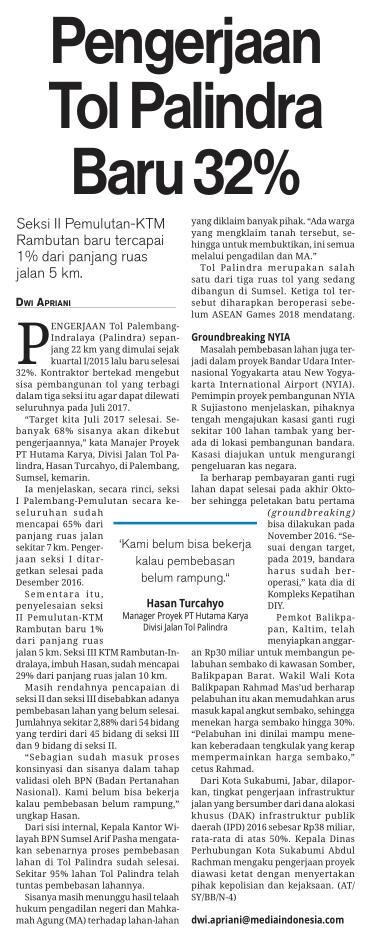 Judul Pengerjaan Tol Palindra Baru 32% Tanggal Media Media Indonesia (halaman 24)