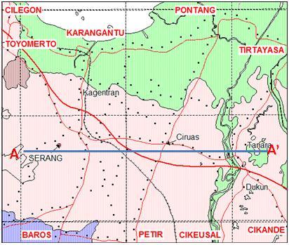 Gambar 2. Peta lintasan pengukuran gayaberat. Lintasan utama Barat-Timur: Cilegon Tirtayasa, Toyoerto- Cikande. Lintasan utama Utara-Selatan: Pontang-Petir, Karangantu-Baros, Tirtayasa-Cikeusal.