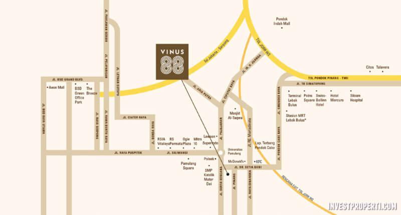Lokasi Rumah Vinus 88 Pamulang Beragam fasilitas tersedia disekitar area residensial Vinus 88 Residence, dimana berjarak: 5 menit dari Pamulang Square, Universitas Pamulang, Giant, SMP Mater Dei,