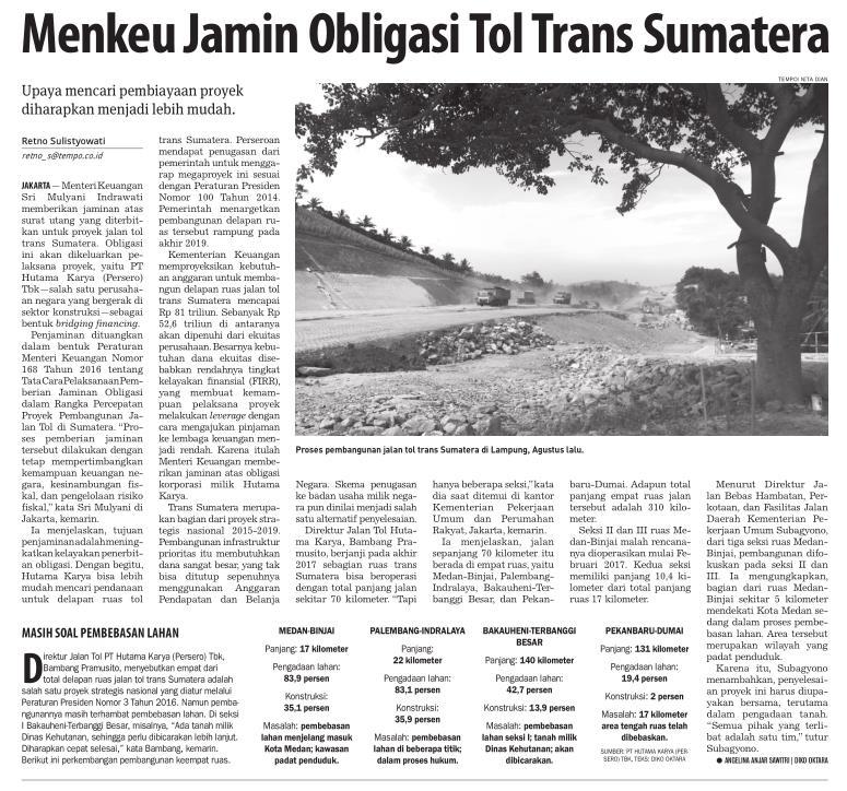 Judul Menkeu Jamin Obligasi Tol Trans Sumatera Media Koran Tempo (Halaman, 8) Resume