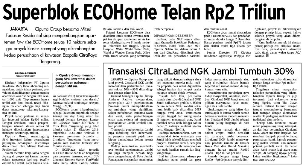Judul Superblock ECOHome Telan 2 Triliun Tanggal Media Bisnis Indonesia (Halaman, 27) Ciputra Group bersama Mitsui Fudasan Residential siap