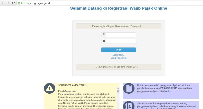 pajak.go.id 1) Memilih menu sistem e-registration.