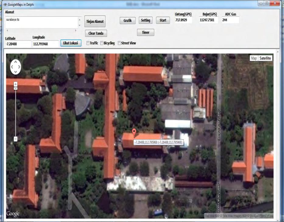 Untuk memantau lokasi dengan koordinat yang didapat tahap selanjutnya adalah dengan membuka google map melalui program delphi di PC,