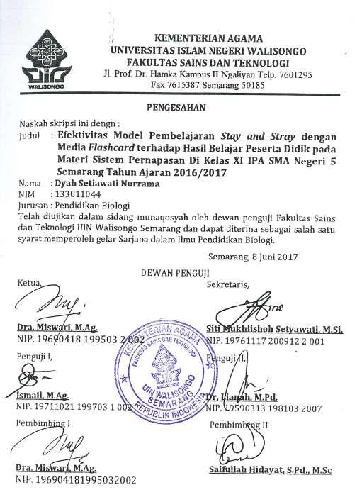 KEMENTERIAN AGAMA UNIVERSITAS ISLAM NEGERI WALISONGO FAKULTAS SAINS DAN TEKNOLOGI Jl. Prof. Dr. Hamka Kampus II Ngaliyan Telp.