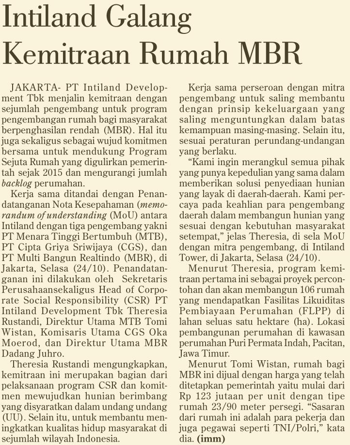 Judul Intiland Galang Kemitraan Rumah MBR Tanggal Rabu, 25 Oktober Media Investor Daily (Halaman, 22) PT Intiland Develoment