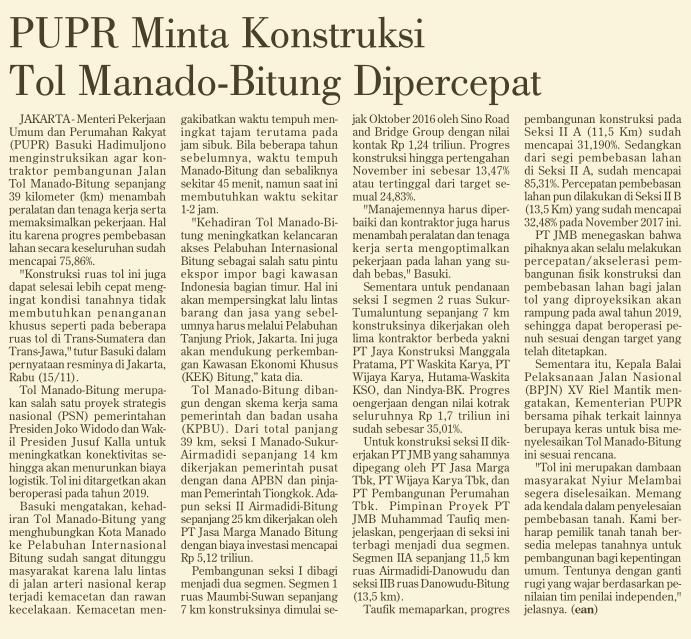 Judul PUPR minta Konstruksi Tol Manado-Bitung Dipercepat Tanggal Media Investor Daily (halaman 6) Menteri PUPR, menginstruksikan
