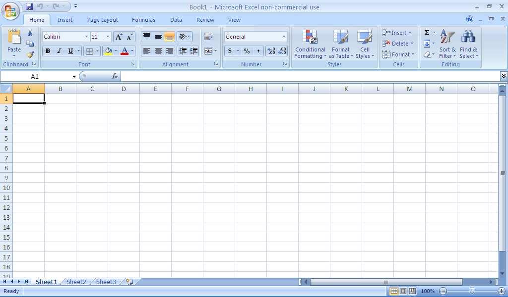Maka akan muncul tampilan (user interface) lembar kerja (worksheet) Excel 2007 Kolom pada Excel 2007 ditandai dengan A B C D dan seterusnya, sedangkan Lembar Kerja baris ditandai dengan angka 1 2 3 4