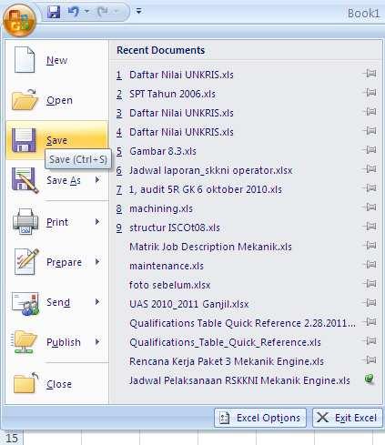 Border Lembar Kerja d) Menyimpan lembar kerja Setelah selesai bekerja dengan Excel 2007, simpan file pekerjaan