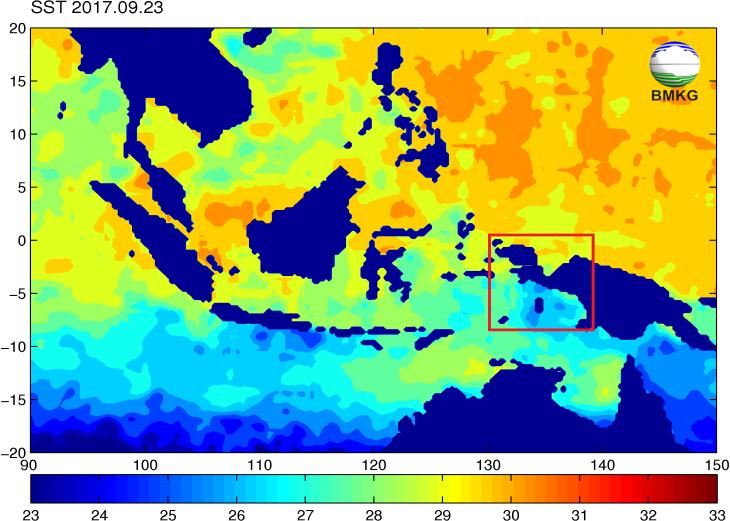 Gambar 21. SST dan anomaly perairan Indonesia tanggal 23 September 2017 (Sumber : bmkg.go.id/) B.