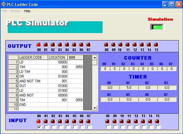 Keluaran Perhatikan Timer 00 dan 01 ini Start Buka program PLC Simulator versi 1.0, seperti gambar di atas. Masukkan instruksi- instruksi kode mnemonik berdasarkan deskripsi aplikasi di atas.