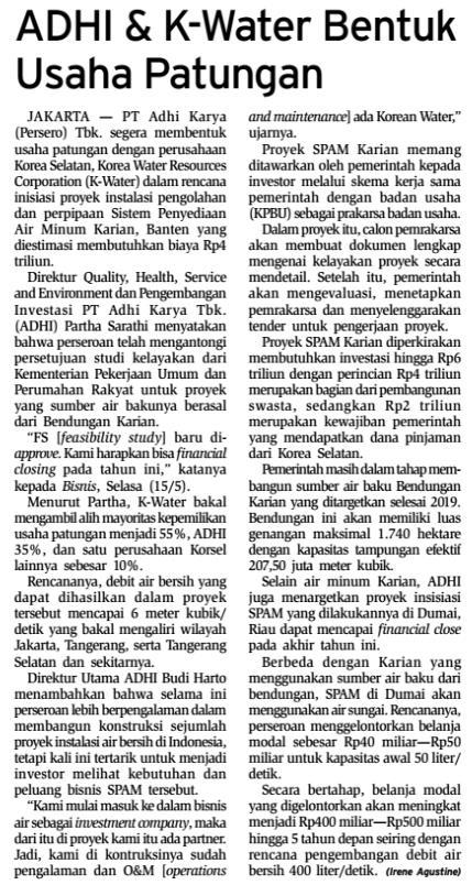 Judul ADHI & K-Water Bentuk Usaha Patungan Tanggal Media Bisnis Indonesia (Halaman, 27) PT Adhi Karya Tbk.