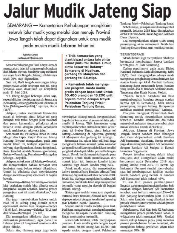 Judul Jalur Mudik Jateng Siap Tanggal Media Bisnis Indonesia (Halaman, 8) Kementerian perhubungan mengklaim seluruh jalur