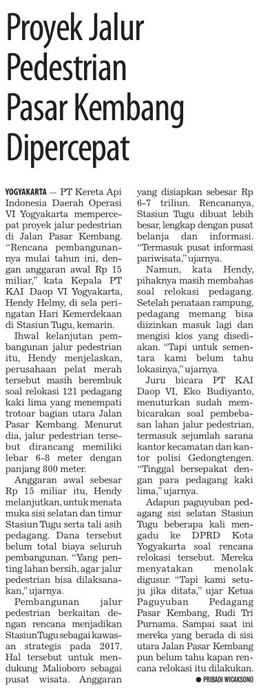 Judul Proyek Jalur Pesdestrian Pasar Kembang Dipercepat Tanggal Agustus 2016 Media Tempo (halaman 22) PT.
