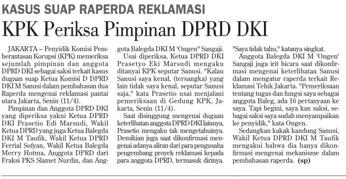 Judul Kasus Suap Perda Reklamasi: KPK Periksa Pimpinan DPRD DKI Tanggal Media Investor Daily (Halaman 11) Penyidik