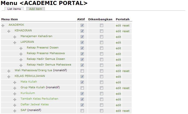 Gambar : List Menu untuk Menu Academic Portal - Klik Add Item untuk menambahkan menu