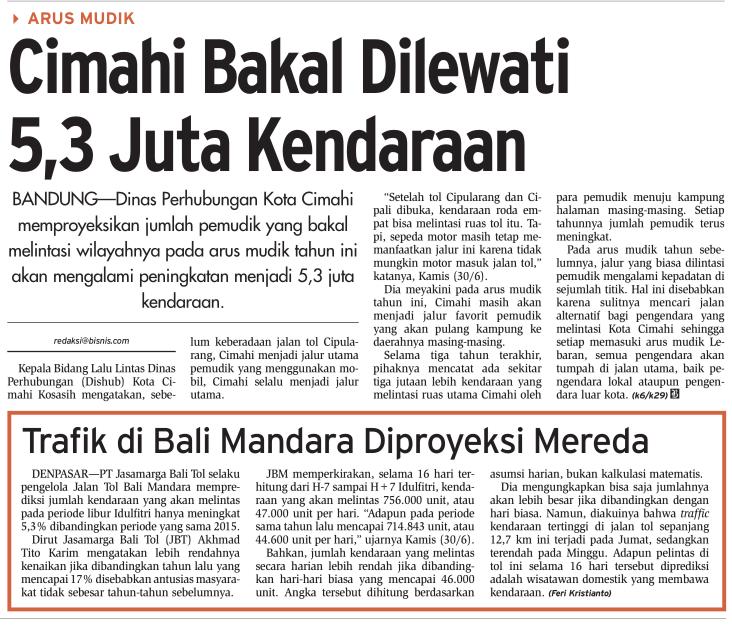 Judul Cimahi bakal dilewati 5,3 juta kendaraan Tanggal Media Bisnis Indonesia (halaman 8) Resume Dishub Kota cimahi