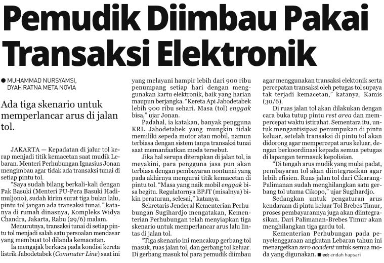 Judul Pemudik diimbau pakai transaksi elektronik Tanggal Media Republika
