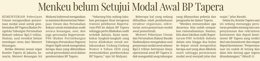 Judul Menkeu belum setujui modal awal BP Tapera Tanggal Media Media Indonesia (Halaman, 19) Resume