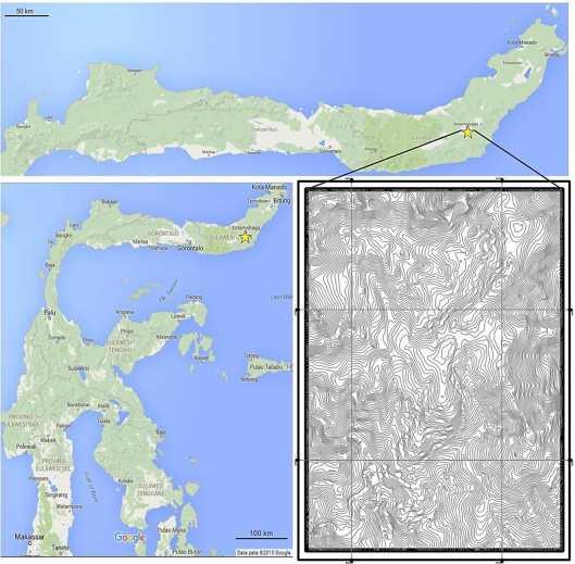 5 I.5. Lokasi dan Kesampaian Daerah Penelitian Secara administratif daerah penelitian terletak di Provinsi Sulawesi Utara pada zona 51N UTM. Luas daerah penelitian yaitu 1,2 km x 0,85 km.