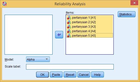 d. Klik tombol statisitik, kemudian aktifkan item, scale, dan scale if item deleted. e. Klik continue dan OK. Hasil output SPSS dapat dilihat di tabel realibility statistics sebagai berikut.