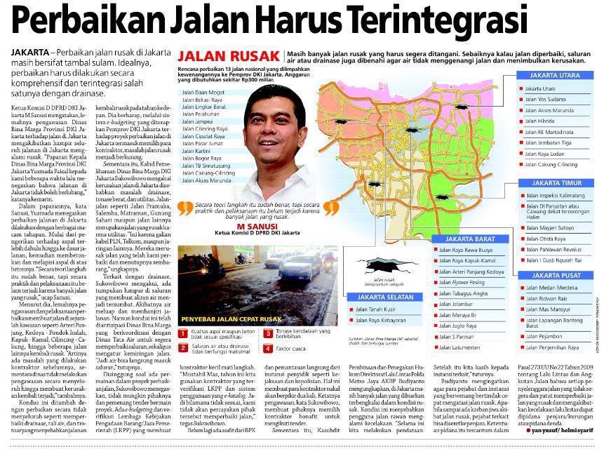 Judul Perbaikan Jalan Harus Terintegrasi Tanggal Media Koran Sindo (Halaman 11) Resume Perbaikan jalan rusak di Jakarta masih