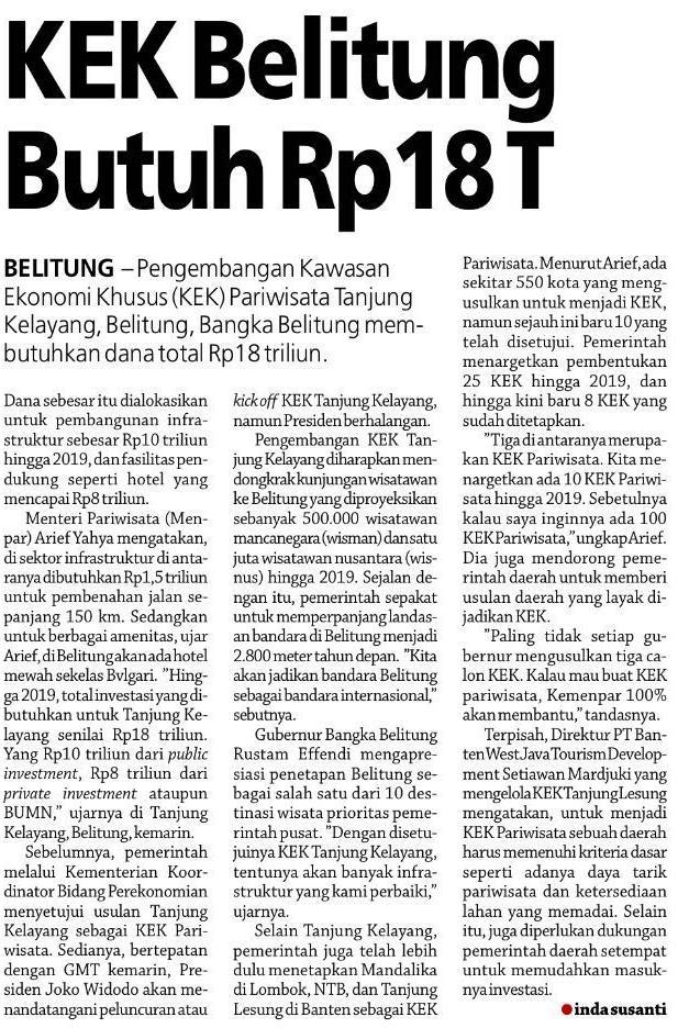Judul KEK Belitung Butuh Rp 18 T Tanggal Media Koran Sindo (Halaman 18) Resume Pengembangan