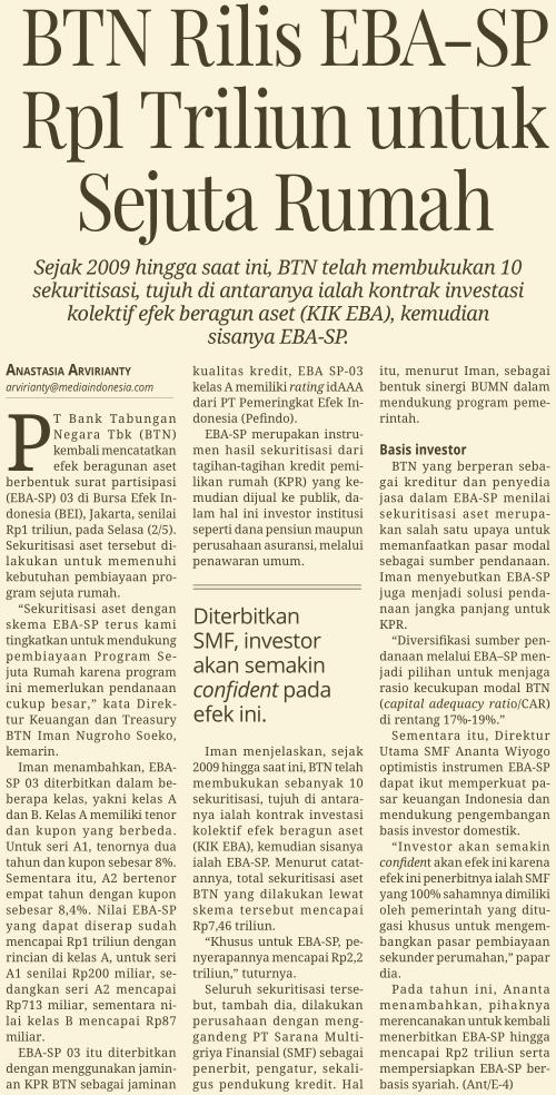 BTN Rilis EBA_SP Rp 1 Triliun untuk Sejuta Tanggal Media Media Indonesia (Halaman, 24) Resume BTN